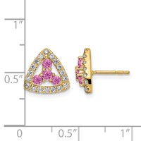 Pure Serenity 14K Yellow Gold 0.38 Carat Lab Grown Diamond VS SI+ G+ and Lab Created Pink Sapphire Triangle Post Earrings view 4