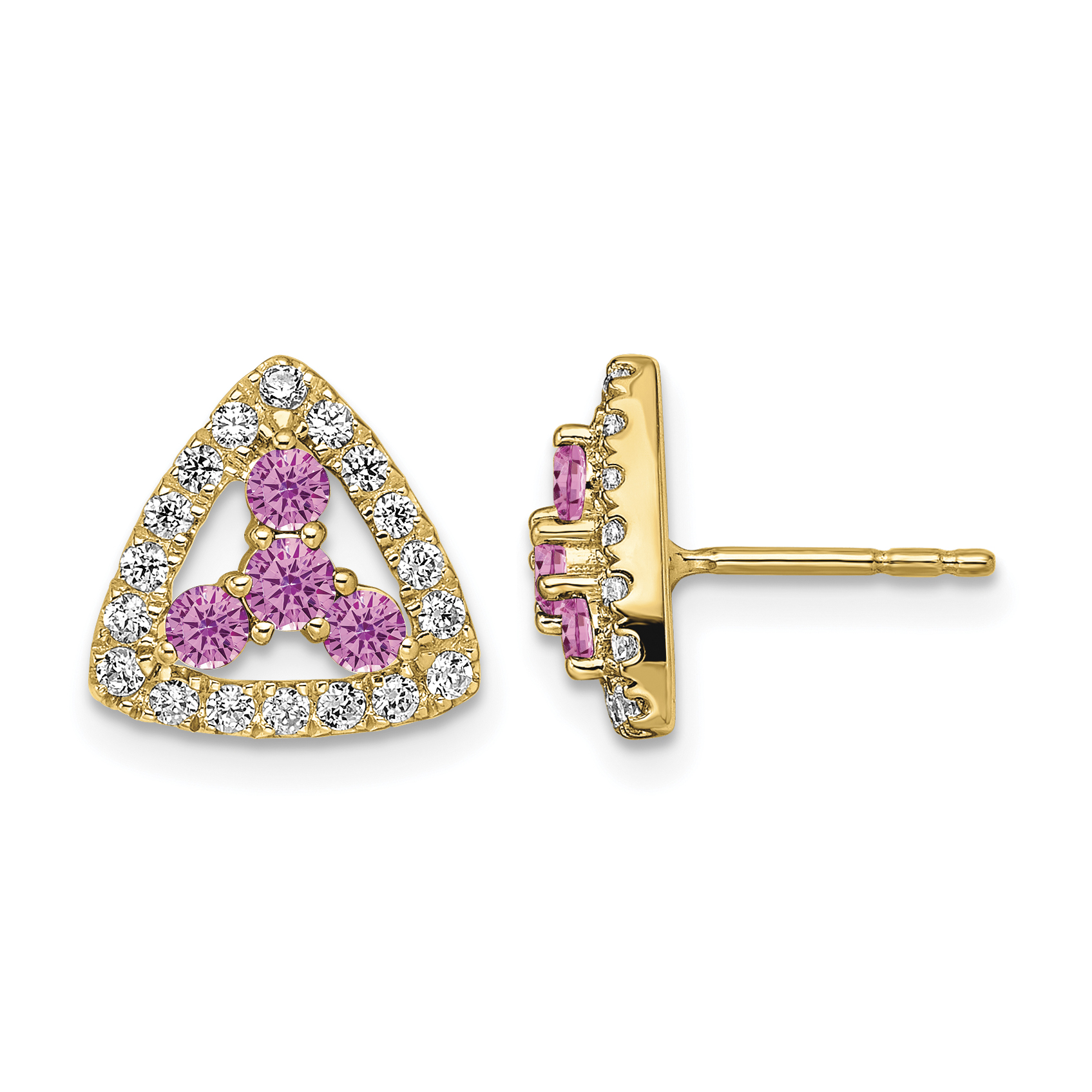 Pure Serenity 14k 3/8 carat Lab Grown Diamond VS/SI+ G+ and Lab Created Pink Sapphire Triangle Post Earrings (EM7932-CPS-039-YLG)