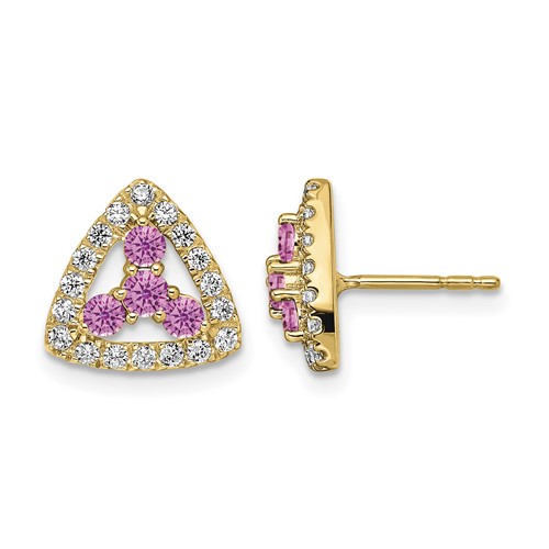 Pure Serenity 14K Yellow Gold 0.38 Carat Lab Grown Diamond VS SI+ G+ and Lab Created Pink Sapphire Triangle Post Earrings