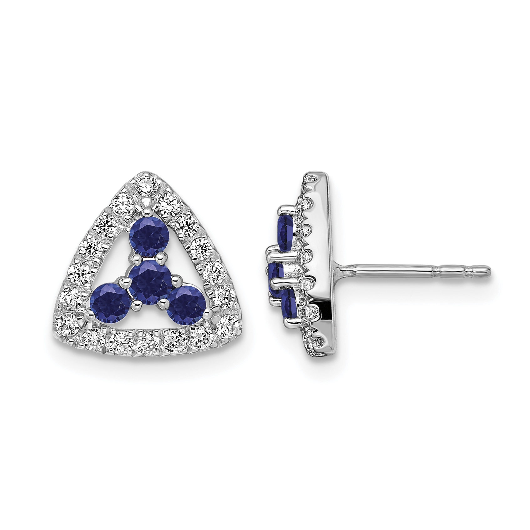 14k White Gold 3/8 carat Lab Grown Diamond VS/SI+ G+ and Created Sapphire Complete Triangle Post Earrings (EM7932-CSA-039-WLG)