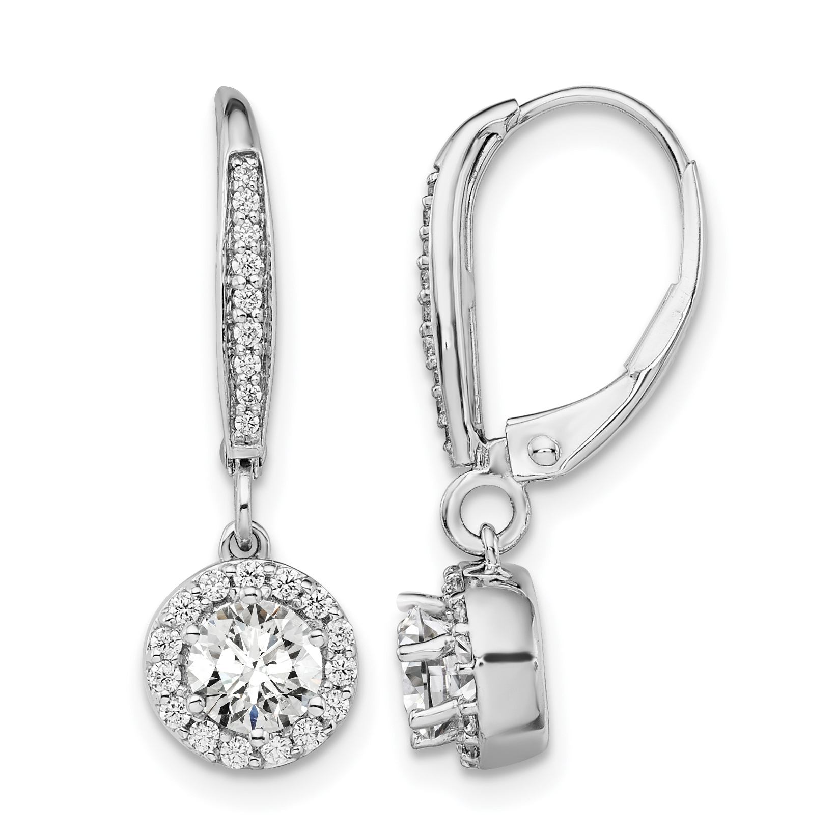 14k White Gold 1 carat Lab Grown Diamond VS/SI+ G+ Complete Round Halo Drop Leverback Earrings (EM7945-100-WLG)
