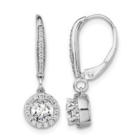 14K White Gold 1 Carat Lab Grown Diamond VS SI+ G+ Complete Round Halo Drop Leverback Earrings view 1