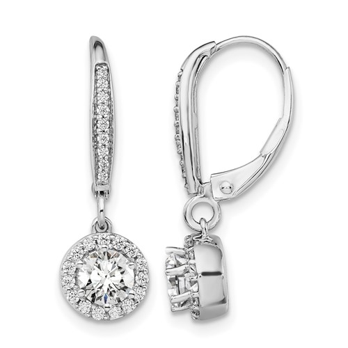 14K White Gold 1 Carat Lab Grown Diamond VS SI+ G+ Complete Round Halo Drop Leverback Earrings