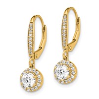 14K Yellow Gold 1 Carat Lab Grown Diamond VS SI+ G+ Complete Round Halo Drop Leverback Earrings view 2