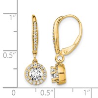 14K Yellow Gold 1 Carat Lab Grown Diamond VS SI+ G+ Complete Round Halo Drop Leverback Earrings view 4