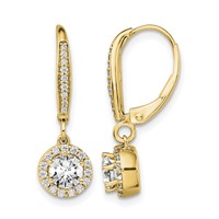 14K Yellow Gold 1 Carat Lab Grown Diamond VS SI+ G+ Complete Round Halo Drop Leverback Earrings view 1