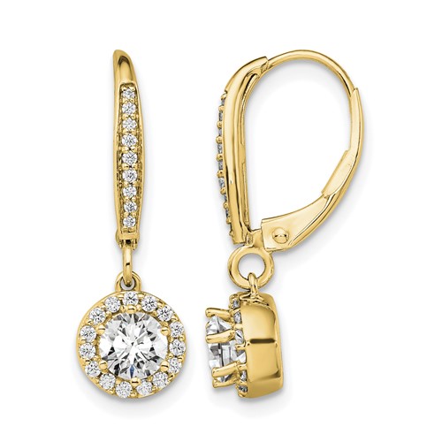 14K Yellow Gold 1 Carat Lab Grown Diamond VS SI+ G+ Complete Round Halo Drop Leverback Earrings