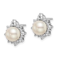14K White Gold 0.62 Carat Lab Grown Diamond VS SI+ G+ and 7.00 Mm Round Freshwater Cultured Pearl Complete Fashion Post Earrings view 2