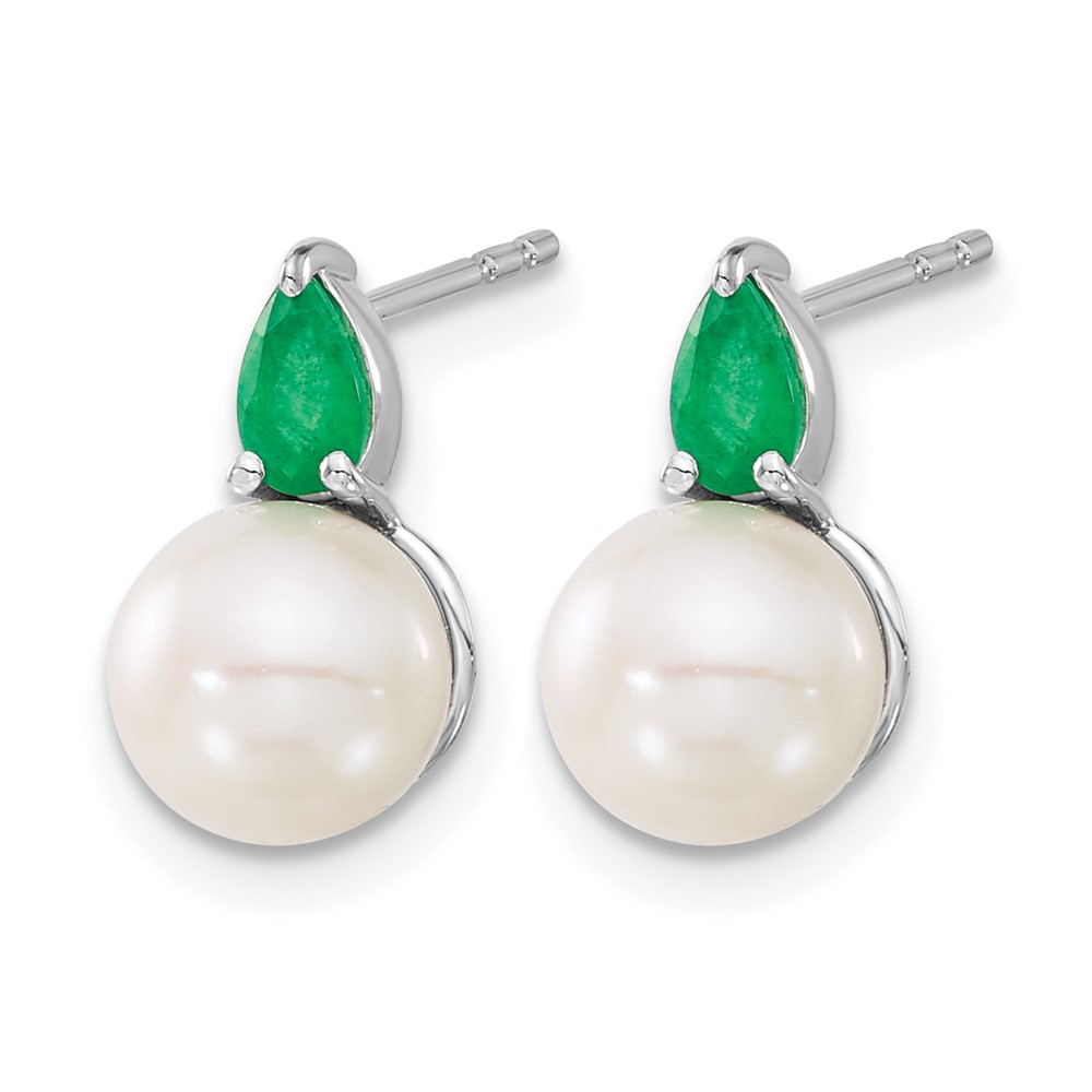 14k White Gold FWC Pearl and Emerald Post Earrings (EM8094-EM-W)