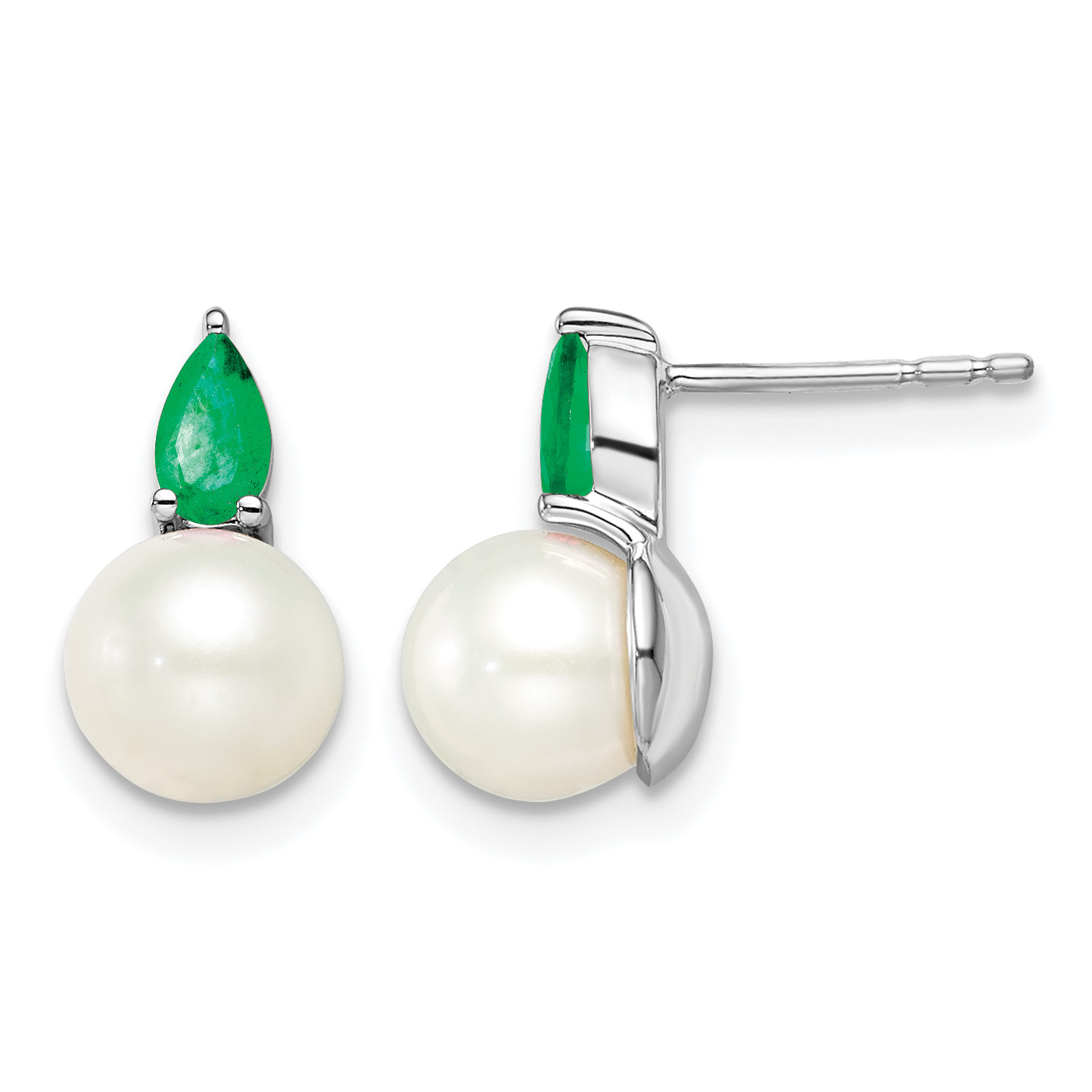 14k White Gold FWC Pearl and Emerald Post Earrings (EM8094-EM-W)