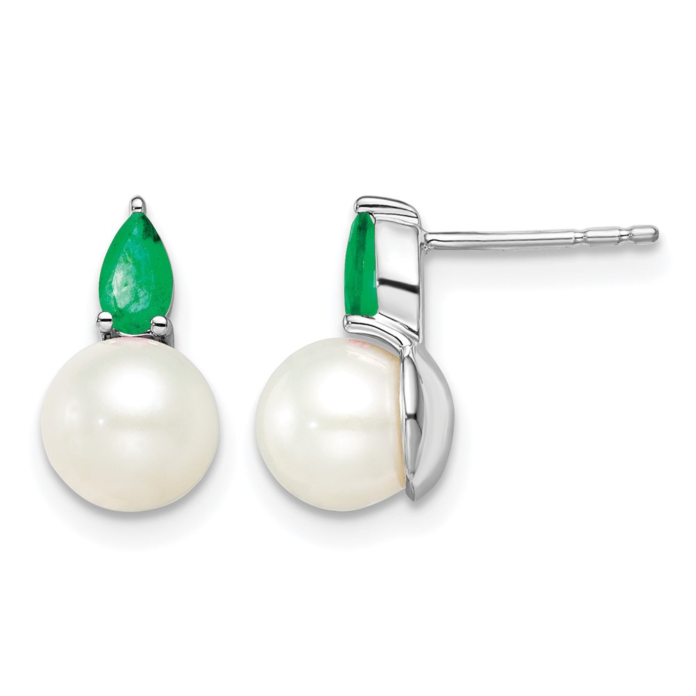 14k White Gold FWC Pearl and Emerald Post Earrings (EM8094-EM-W)