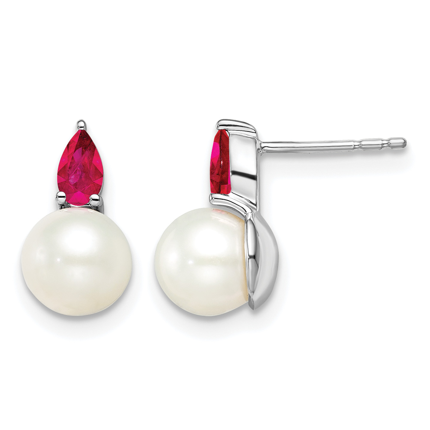 14k White Gold FWC Pearl and Ruby Post Earrings (EM8094-RU-W)