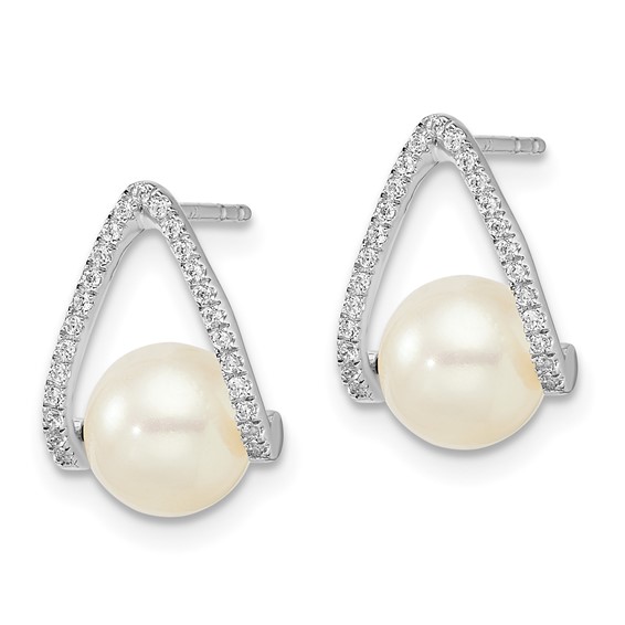 14k White Gold 6-7mm White Button Freshwater Cultured Pearl and .15 carat Diamond Post Earrings