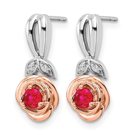 14K Two-tone White and Rose Gold Ruby and Diamond Flower Post Earrings