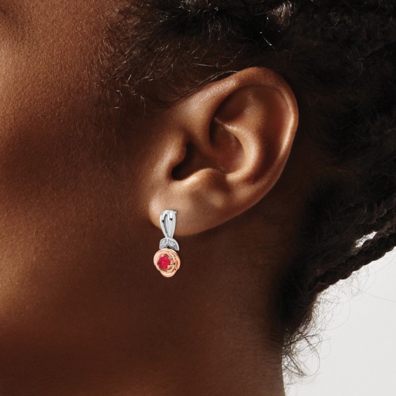 14K Two-tone White and Rose Gold Ruby and Diamond Flower Post Earrings