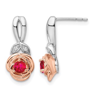 14K Two-tone White and Rose Gold Ruby and Diamond Flower Post Earrings