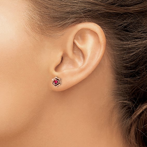14K Two-tone White and Rose Gold Ruby Flower Post Earrings