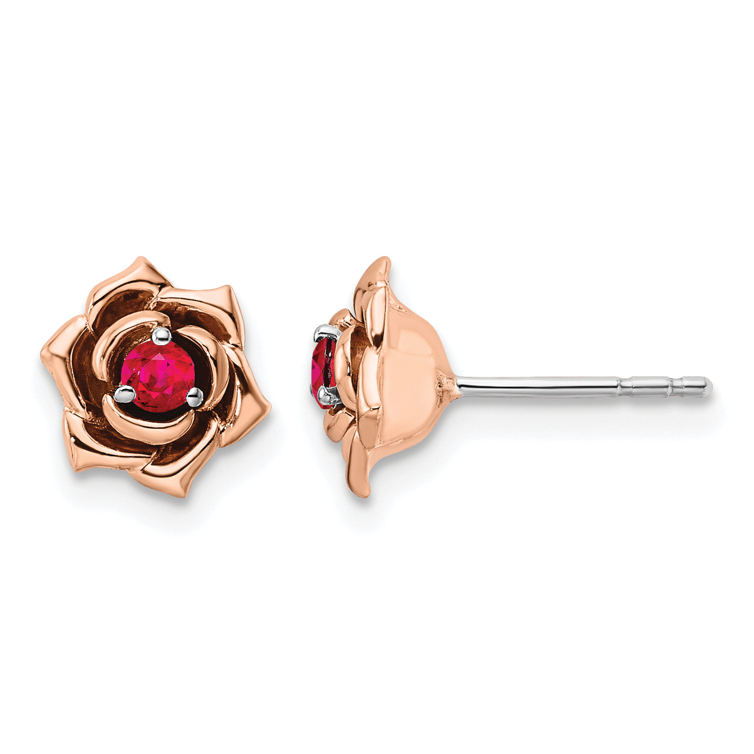 14K Two-tone White and Rose Gold Ruby Flower Post Earrings (EM8274-RU-WR)