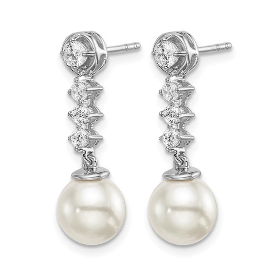 14k White Gold 6-7mm White Round Freshwater Cultured Pearl and .34 carat Diamond Dangle Post Earrings