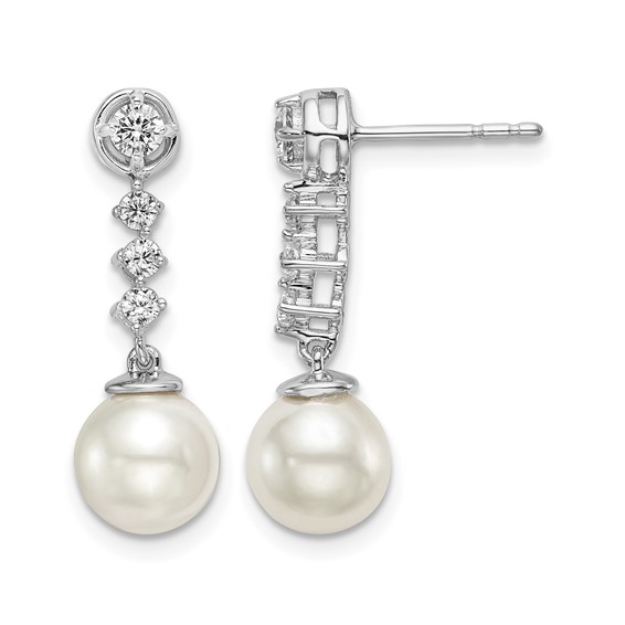 14k White Gold 6-7mm White Round Freshwater Cultured Pearl and .34 carat Diamond Dangle Post Earrings