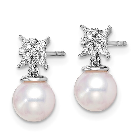 14k White Gold 6-7mm White Round Freshwater Cultured Pearl and .07 carat Diamond Dangle Post Earrings