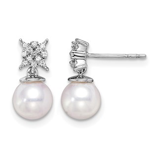 14k White Gold 6-7mm White Round Freshwater Cultured Pearl and .07 carat Diamond Dangle Post Earrings