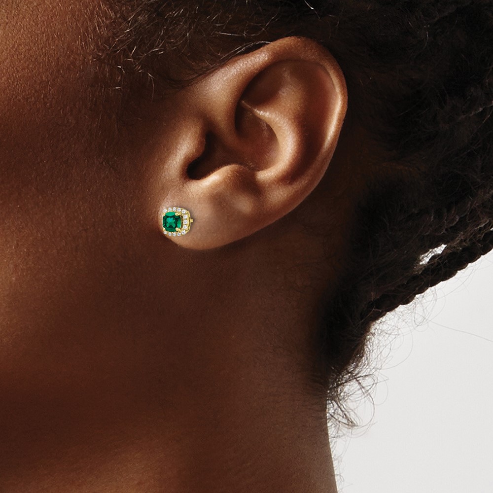 10k 1/10 carat Lab Grown Diamond VS/SI+ G+ and Created Emerald Complete Square Halo Post Earrings (EM8582-CEM-010-0YLG)