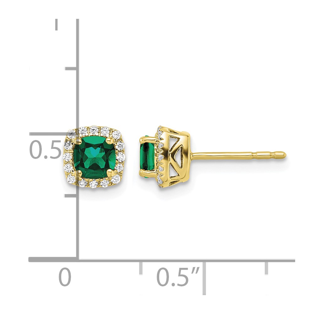 10k 1/10 carat Lab Grown Diamond VS/SI+ G+ and Created Emerald Complete Square Halo Post Earrings (EM8582-CEM-010-0YLG)