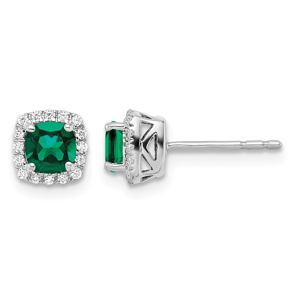 14K White Gold 0.10 Carat Lab Grown Diamond VS SI+ G+ and Created Emerald Complete Square Halo Post Earrings