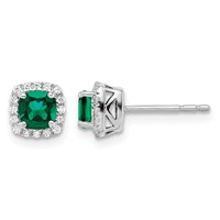 14K White Gold 0.10 Carat Lab Grown Diamond VS SI+ G+ and Created Emerald Complete Square Halo Post Earrings view 1