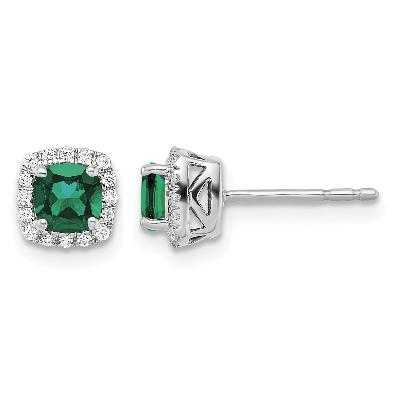 10k White Gold 1/10 carat Lab Grown Diamond VS/SI+ G+ and Created Emerald Complete Square Halo Post Earrings (EM8582-CEM-010-0WLG)