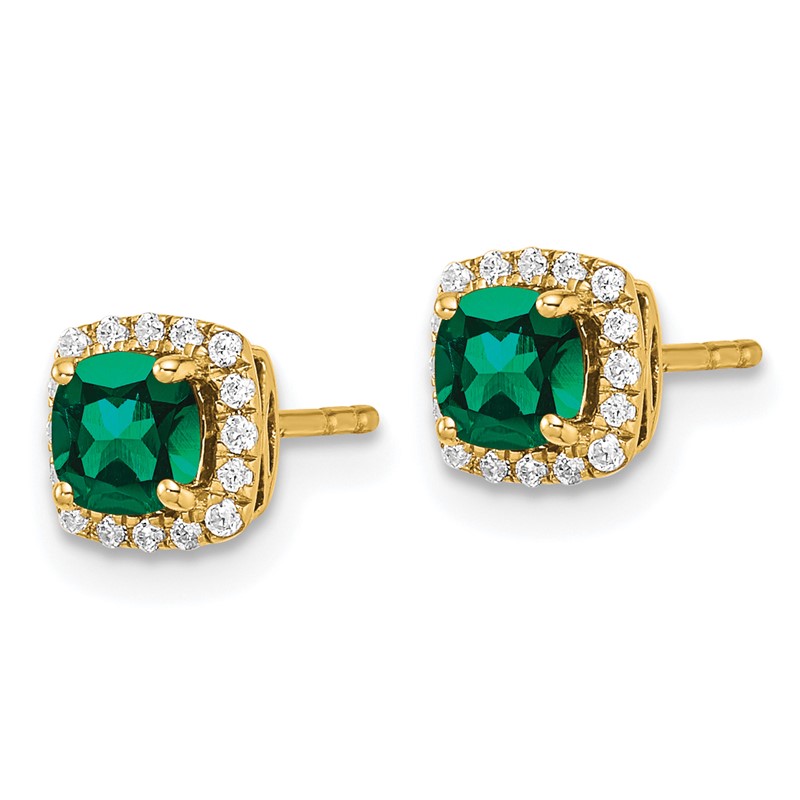 14k 1/10 carat Lab Grown Diamond VS/SI+ G+ and Created Emerald Complete Square Halo Post Earrings