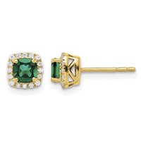 14K Yellow Gold 0.10 Carat Lab Grown Diamond VS SI+ G+ and Created Emerald Complete Square Halo Post Earrings view 1