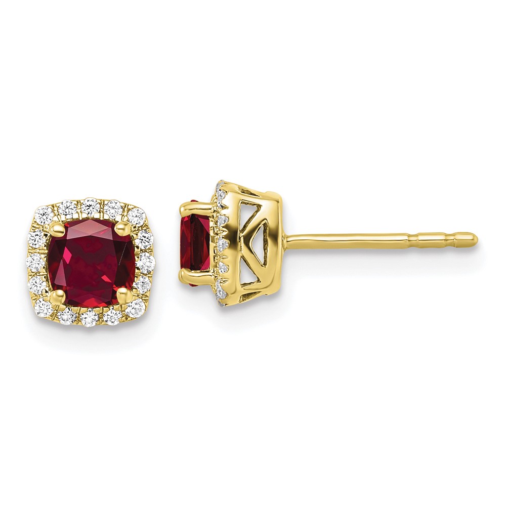 10k 1/10 carat Lab Grown Diamond VS/SI+ G+ and Created Ruby Complete Square Halo Post Earrings (EM8582-CRU-010-0YLG)