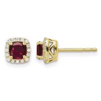 10K Yellow Gold 0.10 Carat Lab Grown Diamond VS SI+ G+ and Created Ruby Complete Square Halo Post Earrings view 1