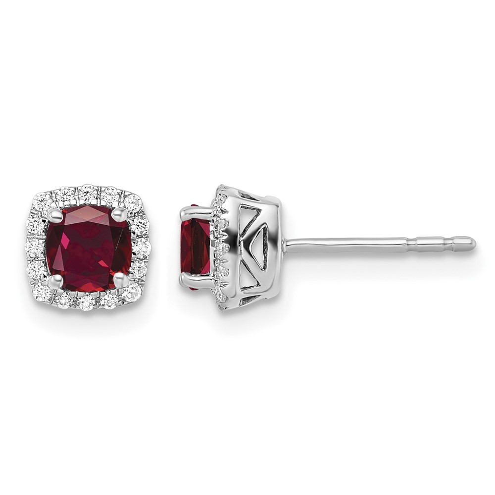 10K White Gold 0.10 Carat Lab Grown Diamond VS SI+ G+ and Created Ruby Complete Square Halo Post Earrings