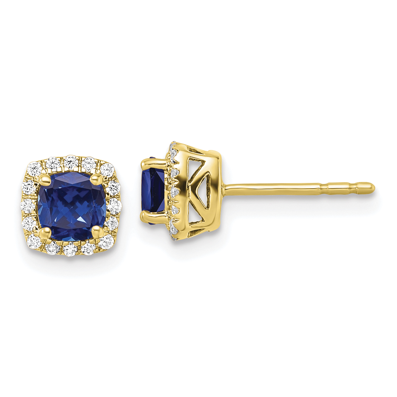 10k 1/10 carat Lab Grown Diamond VS/SI+ G+ and Created Sapphire Complete Square Halo Post Earrings (EM8582-CSA-010-0YLG)