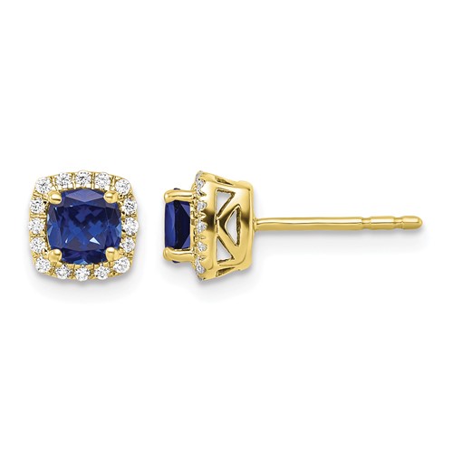 10K Yellow Gold 0.10 Carat Lab Grown Diamond VS SI+ G+ and Created Sapphire Complete Square Halo Post Earrings