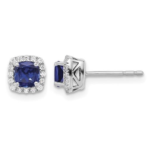 10K White Gold 0.10 Carat Lab Grown Diamond VS SI+ G+ and Created Sapphire Complete Square Halo Post Earrings