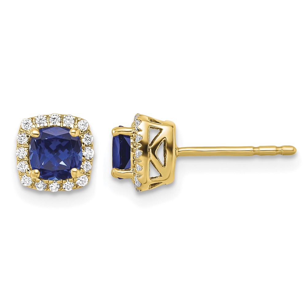 14K Yellow Gold 0.10 Carat Lab Grown Diamond VS SI+ G+ and Created Sapphire Complete Square Halo Post Earrings