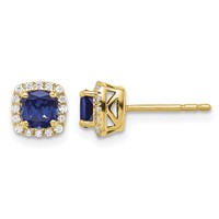 14K Yellow Gold 0.10 Carat Lab Grown Diamond VS SI+ G+ and Created Sapphire Complete Square Halo Post Earrings view 1
