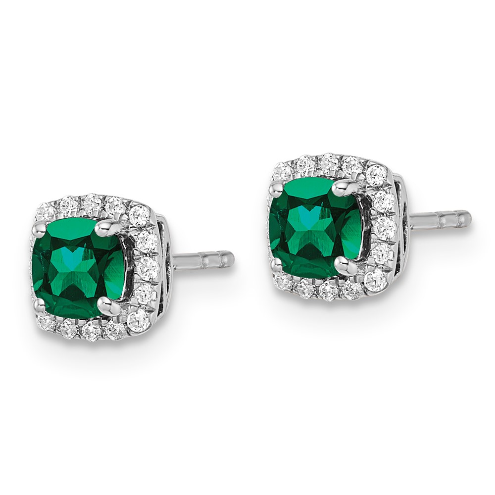 14k White Gold 1/10 carat Lab Grown Diamond VS/SI+ G+ and Created Emerald Complete Square Halo Post Earrings (EM8582-CEM-010-WLG)