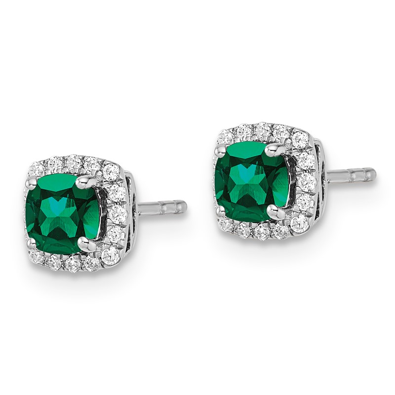 14k White Gold 1/10 carat Lab Grown Diamond VS/SI+ G+ and Created Emerald Complete Square Halo Post Earrings