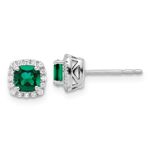 14k White Gold 1/10 carat Lab Grown Diamond VS/SI+ G+ and Created Emerald Complete Square Halo Post Earrings