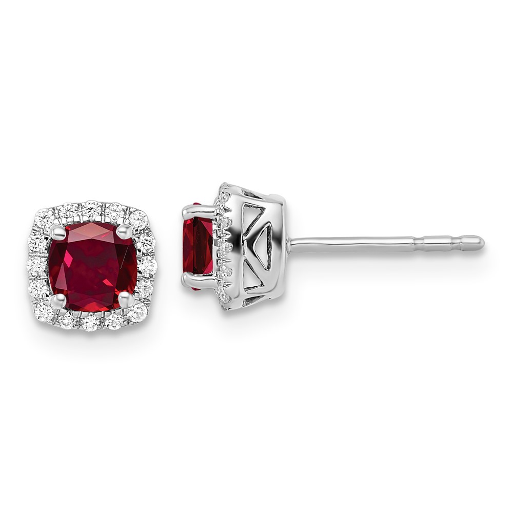 14K Yellow Gold 0.10 Carat Lab Grown Diamond VS SI+ G+ and Created Ruby Complete Square Halo Post Earrings