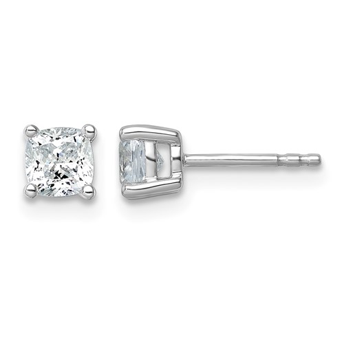 14K White Gold 1 Carat Lab Grown Diamond VS+ F+ Cushion Complete Four Prong Stud Earrings