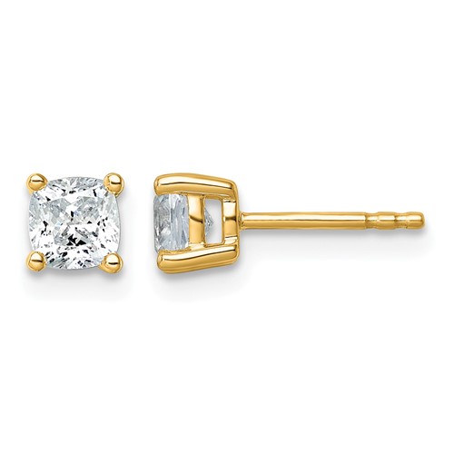14K Yellow Gold 1 Carat Certified Lab Grown Diamond VS+ F+ Cushion Complete Four Prong Stud Earrings