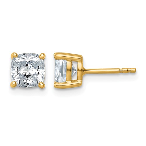 14K Yellow Gold 2 Carat Certified Lab Grown Diamond VS+ F+ Cushion Complete Four Prong Stud Earrings