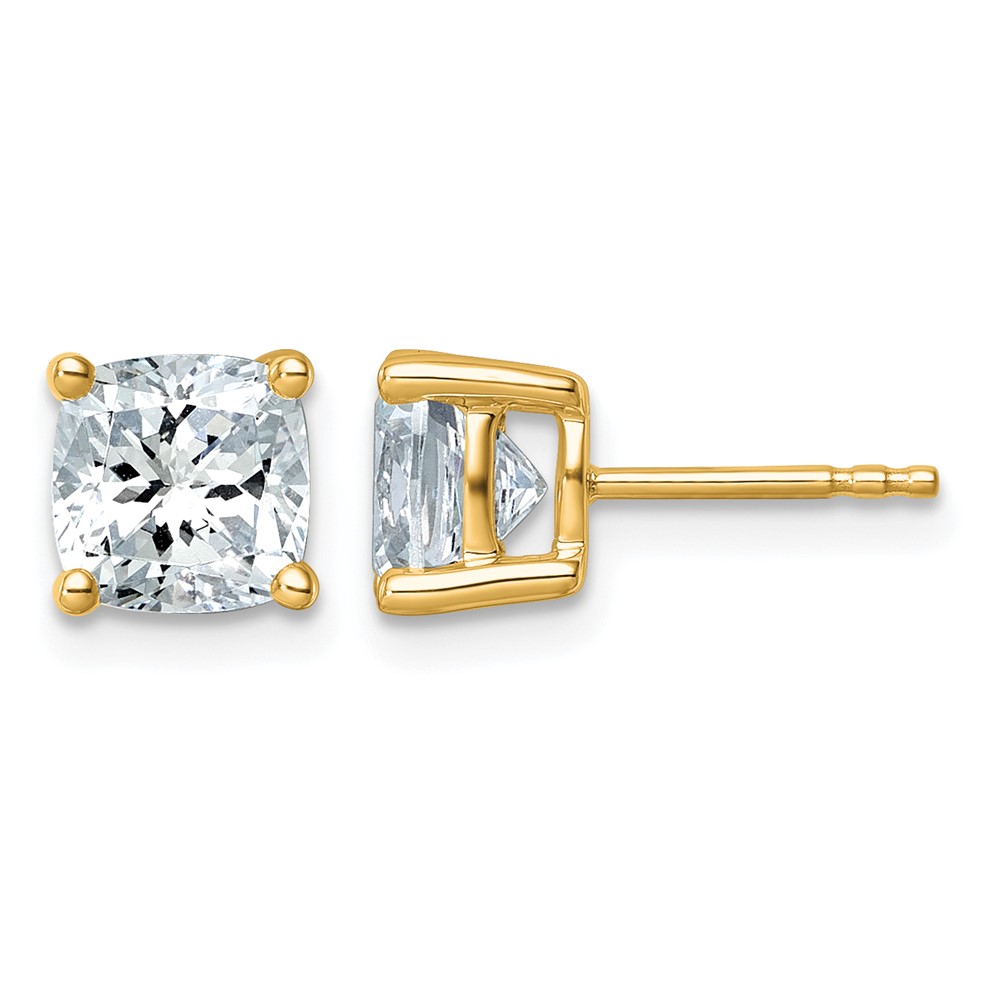 14K Yellow Gold 3 Carat Lab Grown Diamond VS+ F+ Cushion Complete Four Prong Stud Earrings