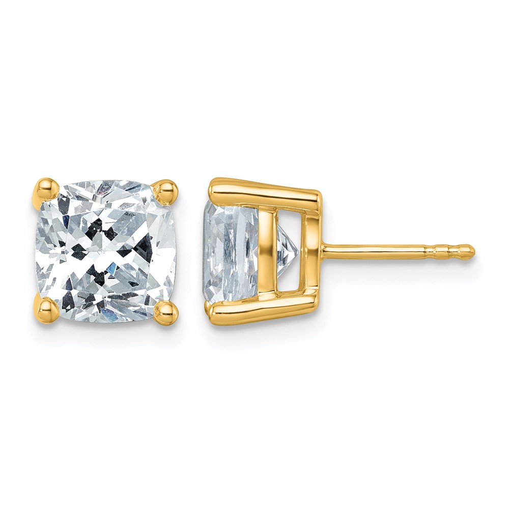 14K Yellow Gold 6 Carat Certified Lab Grown Diamond VS+ F+ Cushion Complete Four Prong Stud Earrings